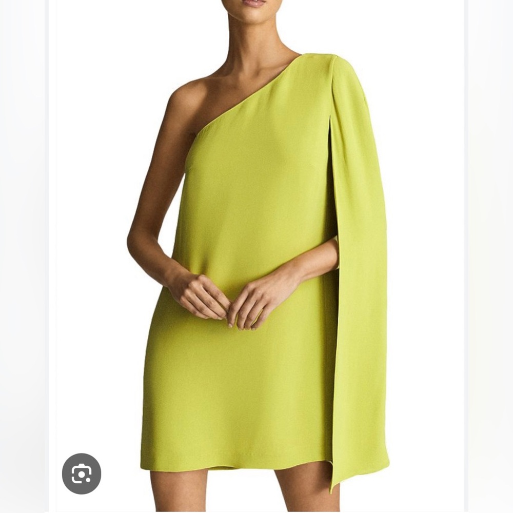 Reiss one shoulder cape dress. Lime green.